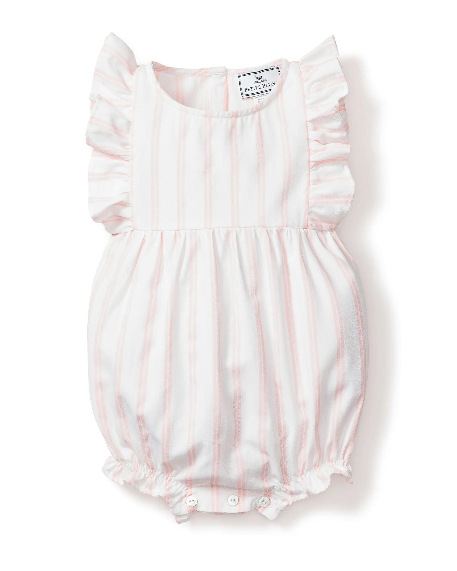 Baby's Twill Ruffled Romper in Pink and White Stripe